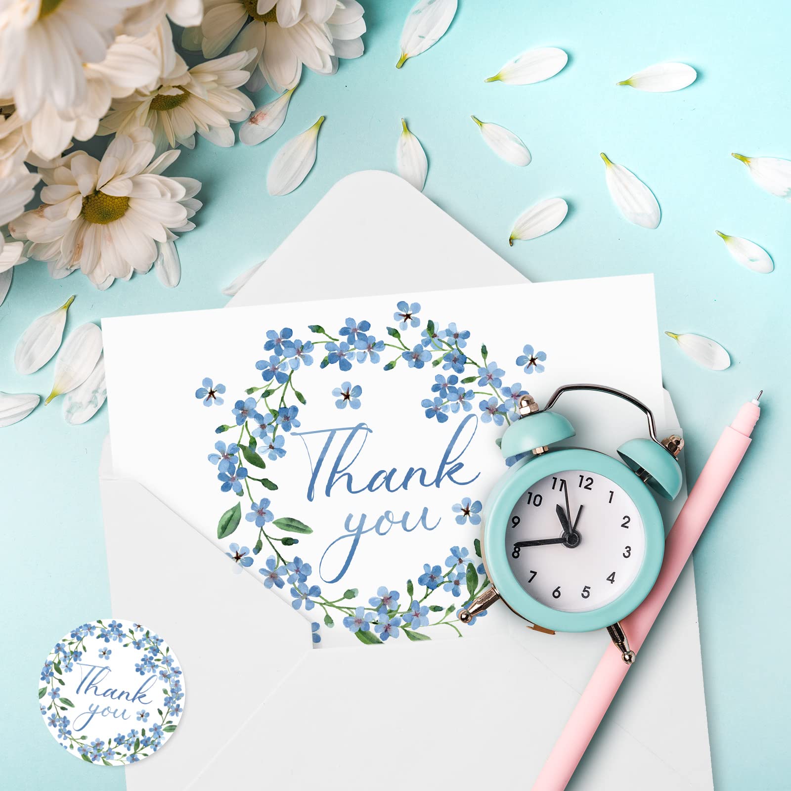 AnyDesign 36 Pack Blue Floral Thank You Cards Bulk Forget-Me-Not Myosotis Sylvatica Flower Greeting Cards with Envelope Sticker Thank You Note Cards for Wedding Birthday Baby Shower Bridal Party