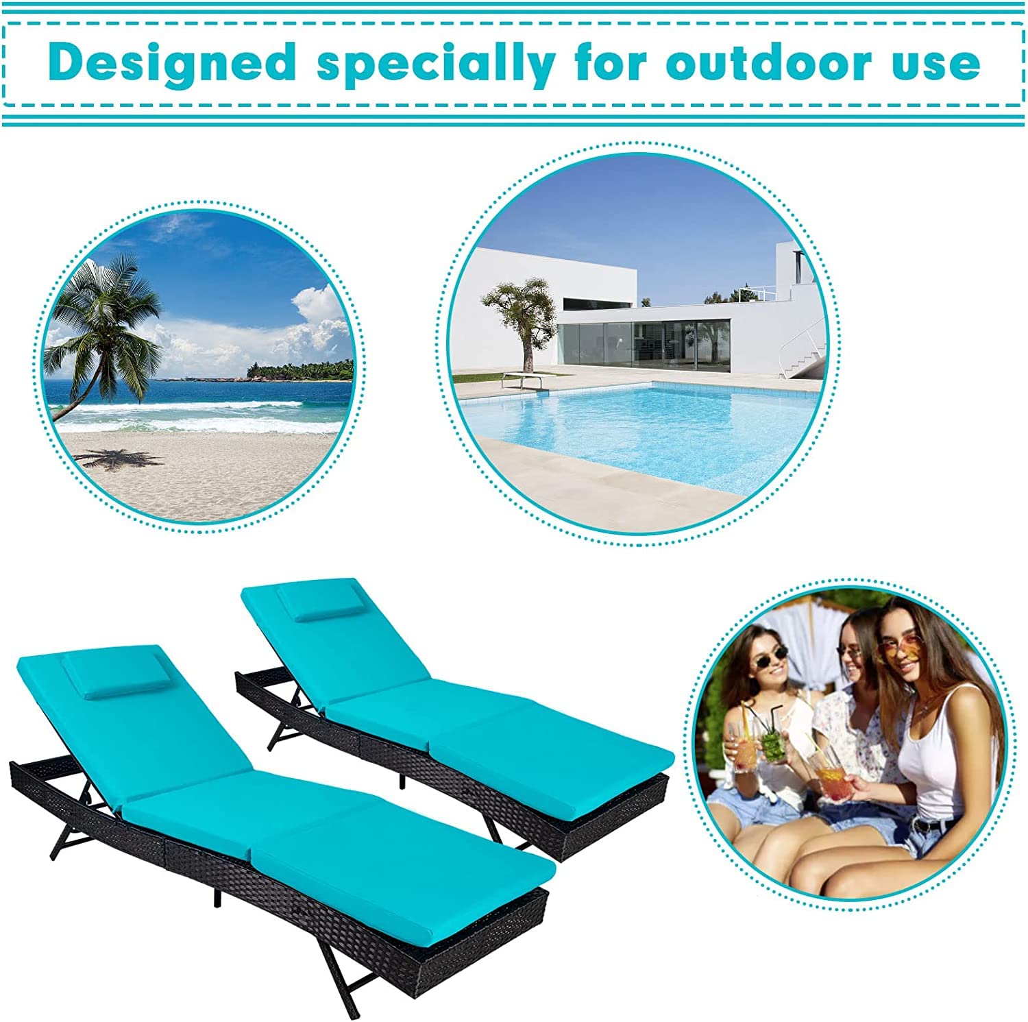 SUNCROWN 2-Piece Outdoor Chaise Lounge Patio Lounge Chair Sets - Black Wicker Adjustable Back Reclining Chair with Cushion for Poolside, Garden, Backyard - Blue