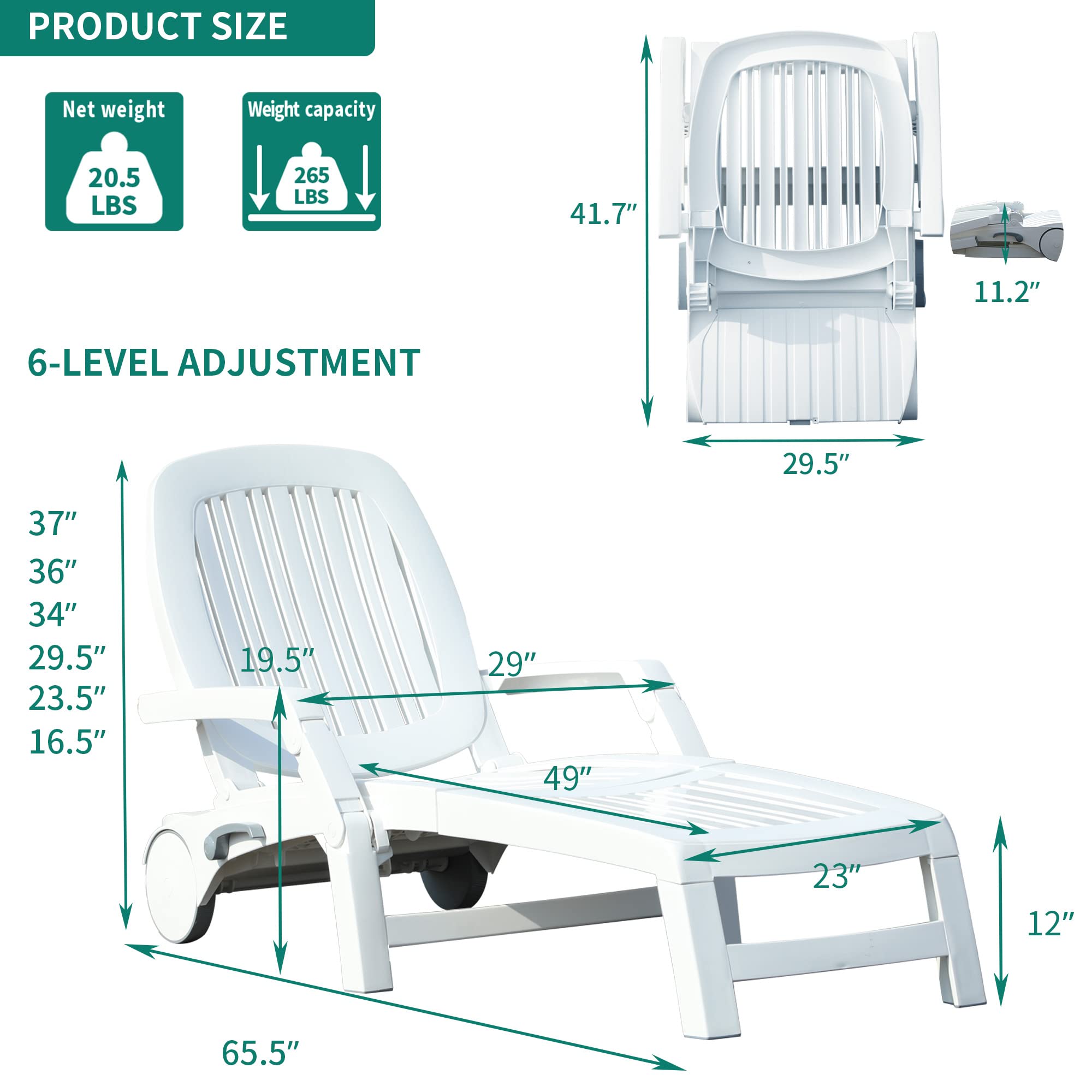 YITAHOME Outdoor Folding Chaise Lounge Chair with 6 Adjustable Backrests, Foldable Poolside Lounger with Wheels, Plastic Recliner for Patio, Beach,Easy Assembly, Lightweight, Waterproof, White