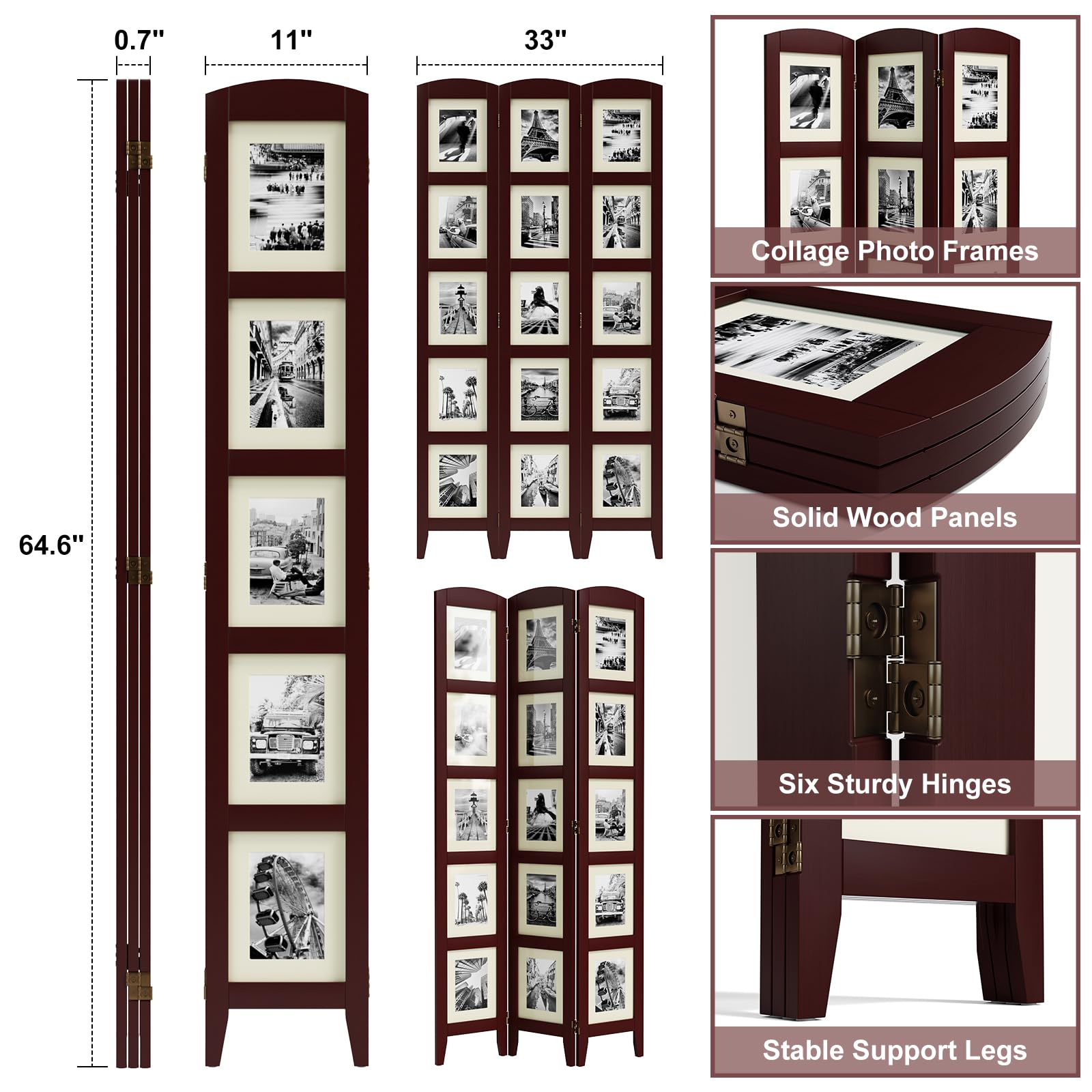 SZQINJI 3 Panel Photo Room Divider Screen, Solid Wood Divider for Room Separation for 8x10 Picture Frame Without Mat for 5x7 Photo with Mat, Walnut