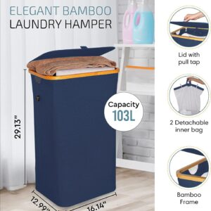 Royal Assad Large Collapsible Laundry Hamper with Lid - Foldable Bamboo Laundry Basket with 2 Removable Bags for Clothes, Towels, Bedroom, Bathroom - 27.2 Gallons (103L) - Dark Blue