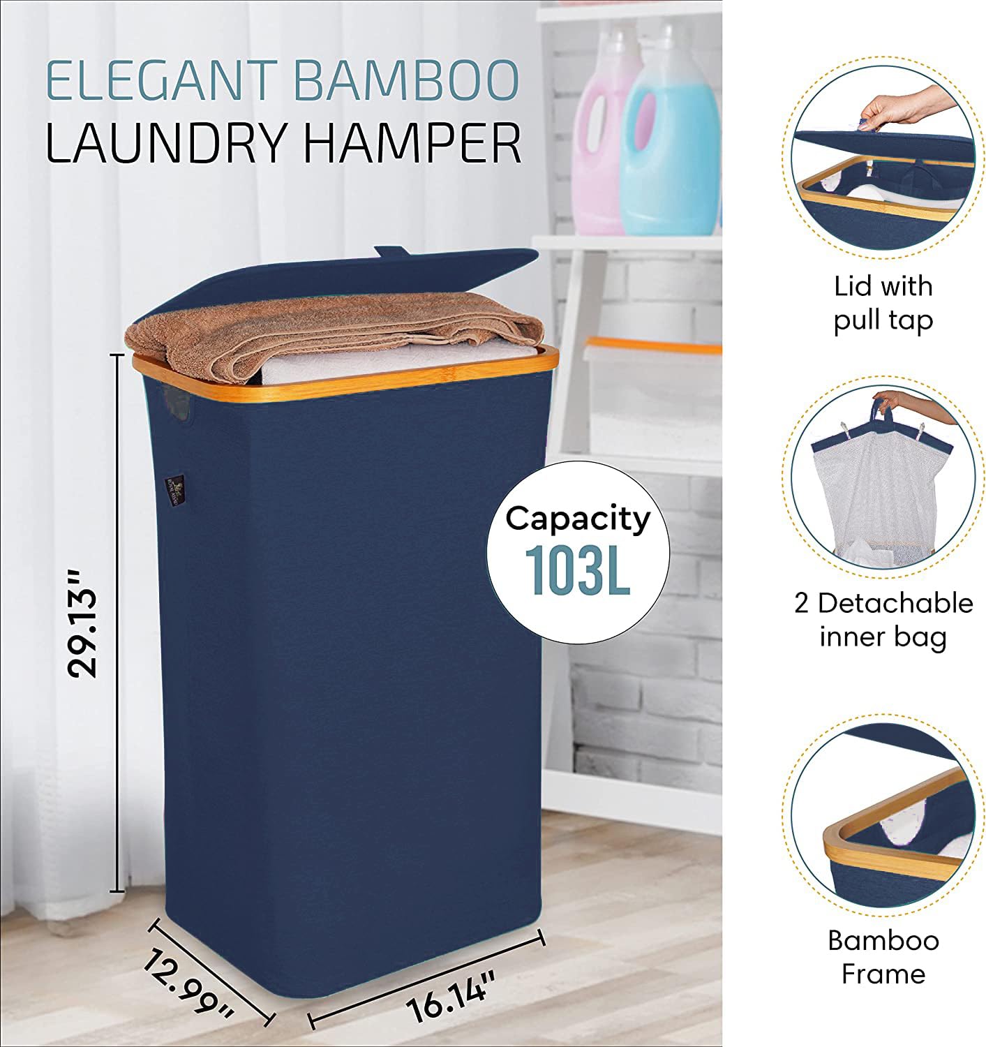 Royal Assad Large Collapsible Laundry Hamper with Lid - Foldable Bamboo Laundry Basket with 2 Removable Bags for Clothes, Towels, Bedroom, Bathroom - 27.2 Gallons (103L) - Dark Blue