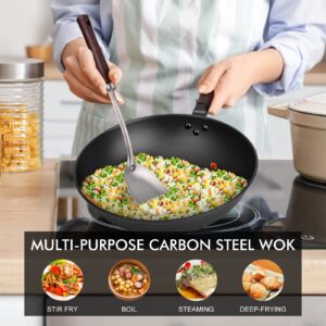 Carbon Steel Wok Pan - 12.9" Wok Pan with Lid, Woks & Stir-fry Pans Nonstick with Spatula & Brush, Chinese Wok Flat Bottom Wok for Induction, Electric, Gas, All Stoves