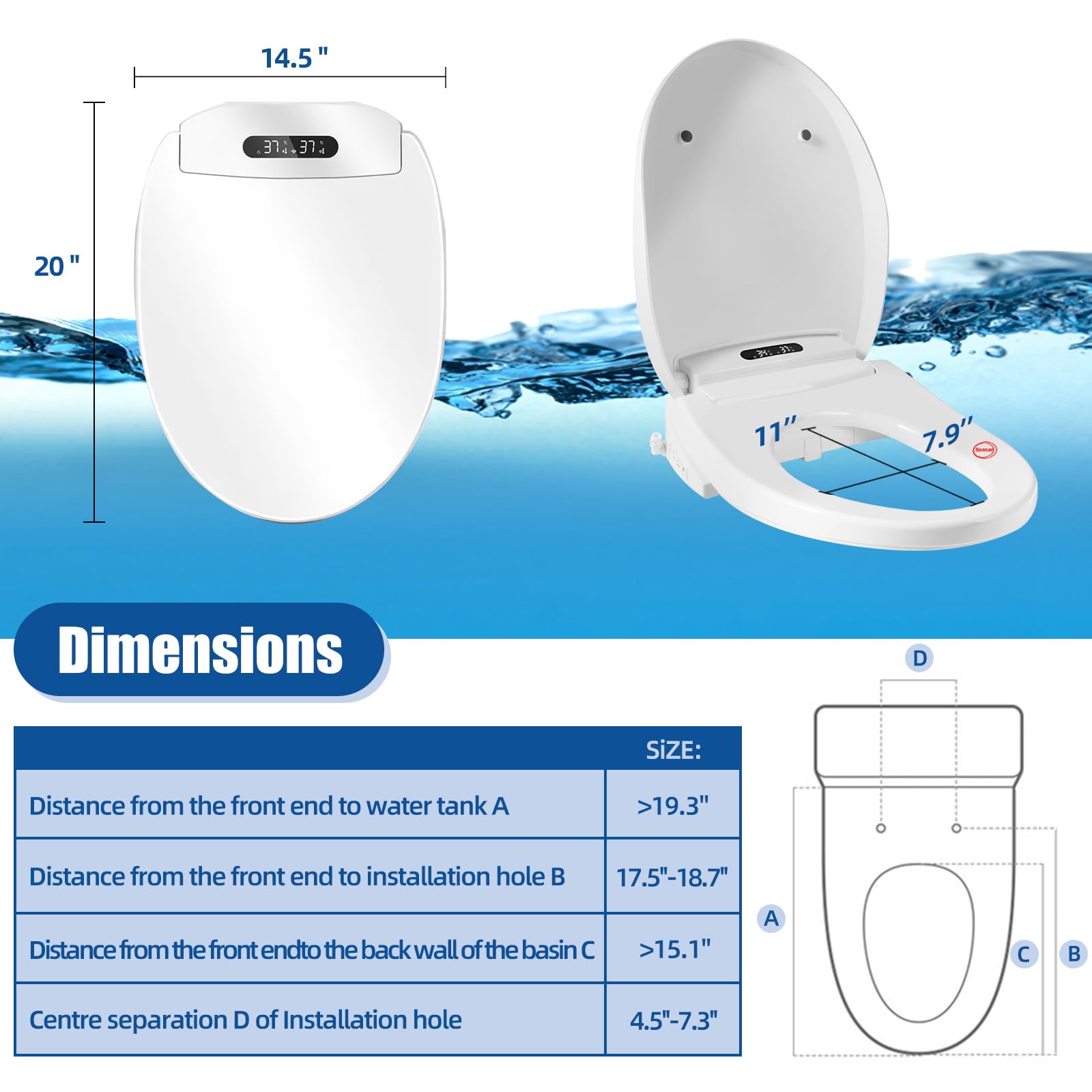 Electric Bidet Toilet Seat with Wireless Remote - Elongated Heated Bidet Toilet Seat with Quick Access Sidebar, Bidet Warm Water with Dryer, LED Nightlight, Self-Clean Nozzle, Slow Close