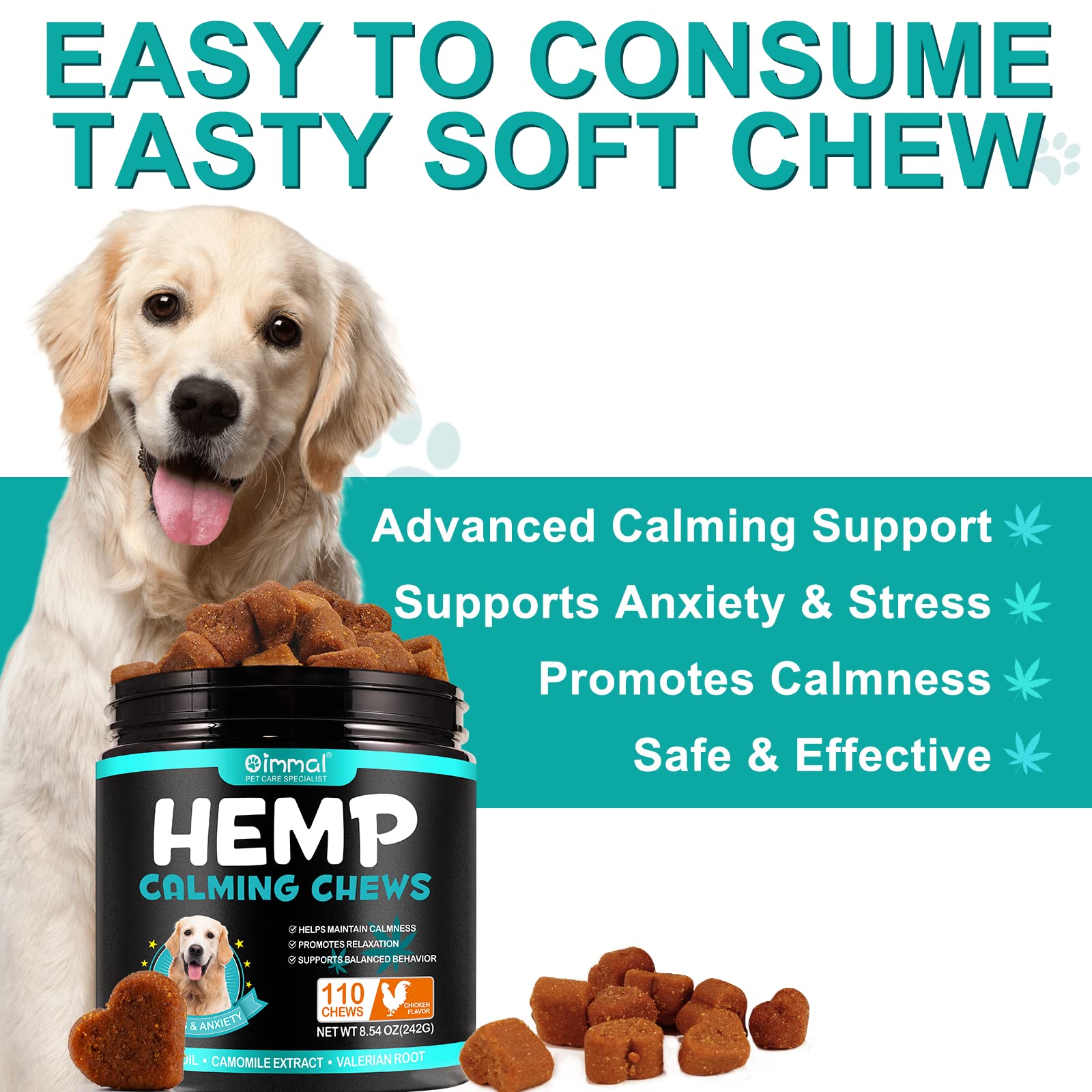 Calming Chews For Dogs - 110 Chews Hemp Dog Treats For Calming with Anxiety and Stress, Helps Dog Anxiety, Separation, Barking, Stress Relief, Sleep Calming Aid All Ages,Breeds&Size (CHICKEN Flavor)