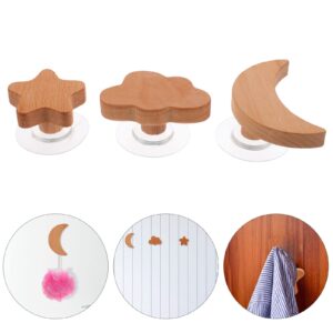 LOGOFUN 3 Pcs Cloud Star Moon Shape Wall Hooks Wooden Coat Hooks Wall Mounted Self Adhesive Hooks for Hanging Bag Backpack Hat