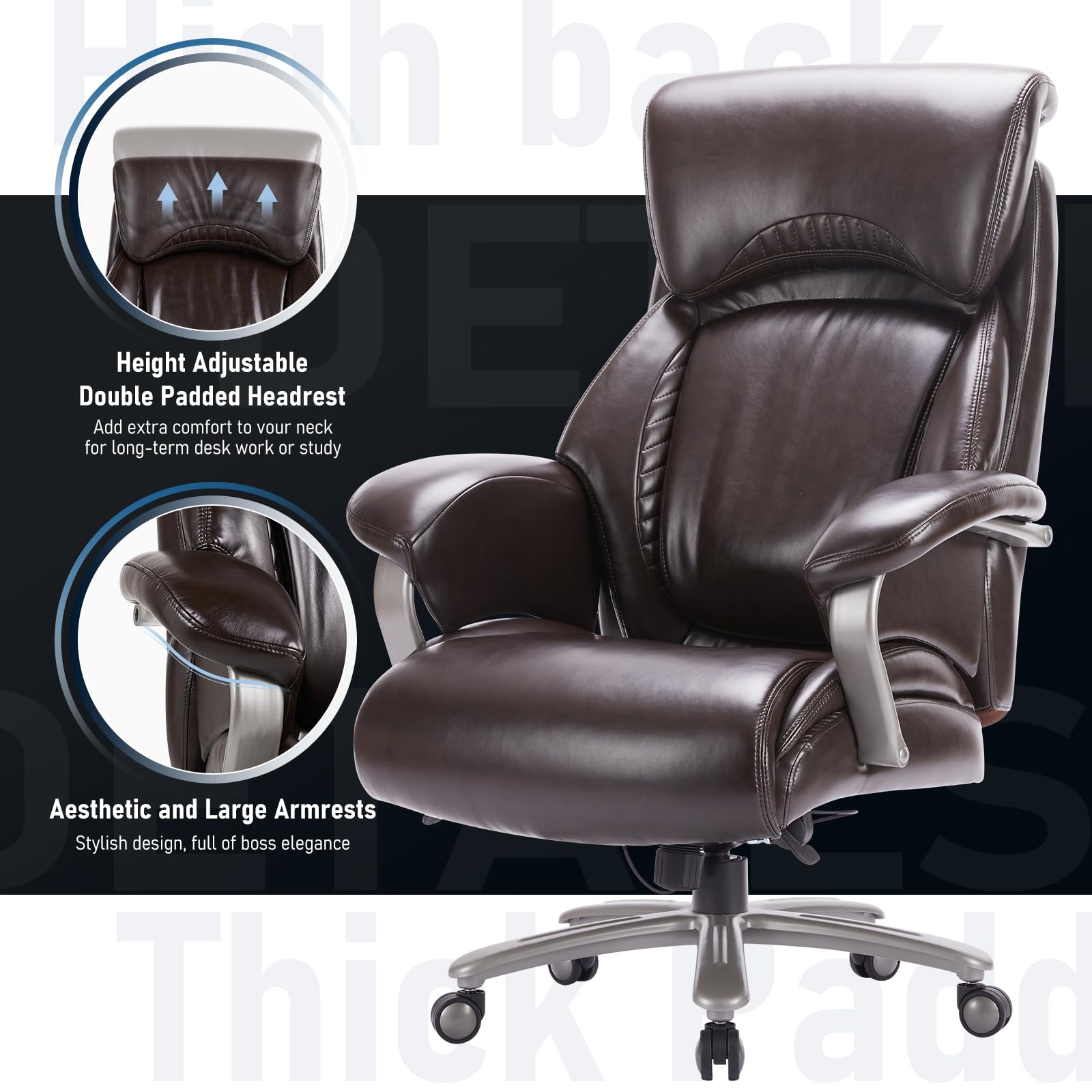 Big and Tall Office Chair 500lbs-Heavy Duty Ergonomic Computer Chair with Extra Wide Seat, High Back Executive Large Desk Chair with Thick Bonded Leather and Tilt Rock, Adjustable Lumbar Support-Brown