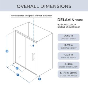 DELAVIN 60.in W x 72.in Semi-Frameles Black Shower Door with Clear Tempered Glass and Easy Roller System, Sliding Shower Door with Water Seal Strips, Glass Shower Door with Explosion-Proof Film