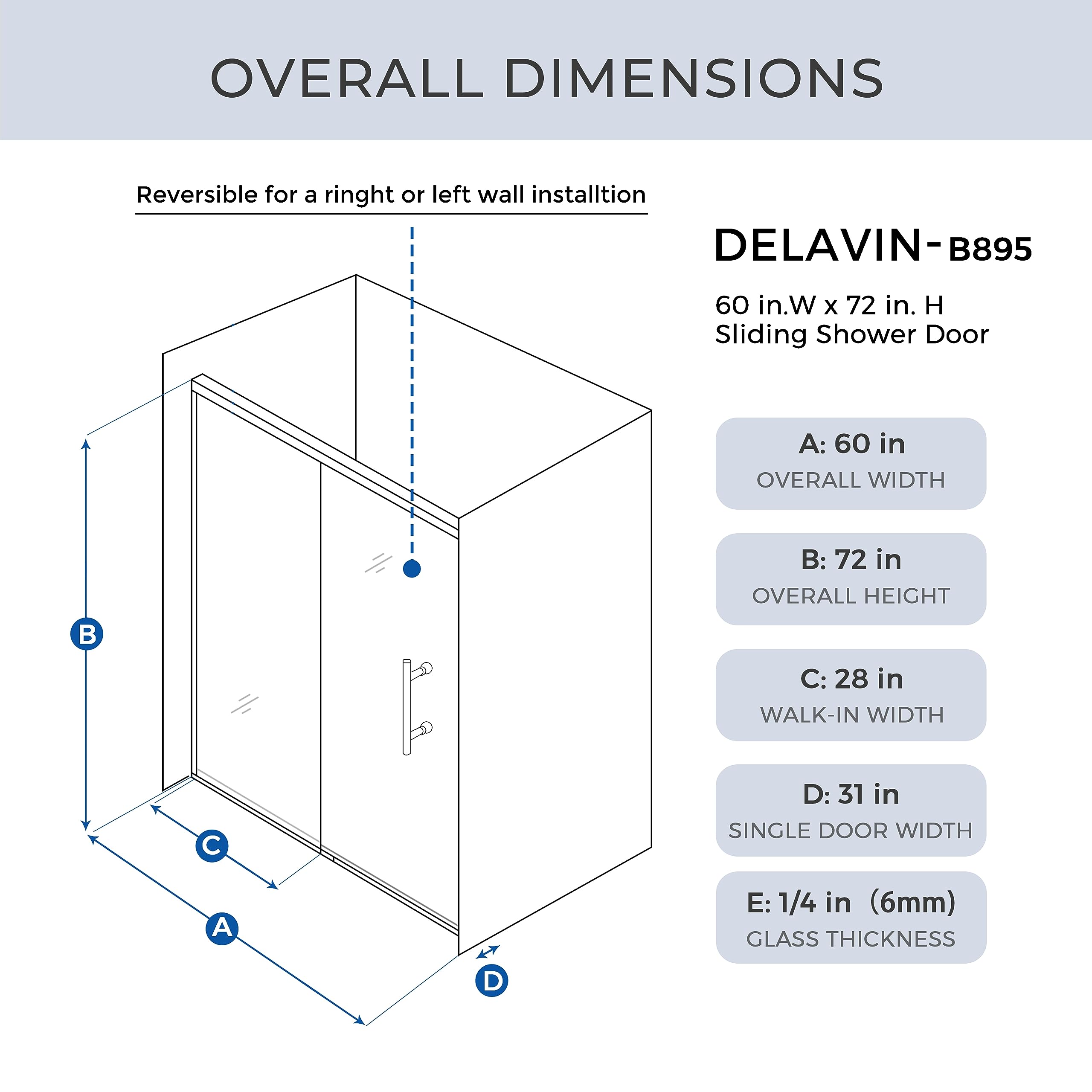 DELAVIN 60.in W x 72.in Semi-Frameles Black Shower Door with Clear Tempered Glass and Easy Roller System, Sliding Shower Door with Water Seal Strips, Glass Shower Door with Explosion-Proof Film