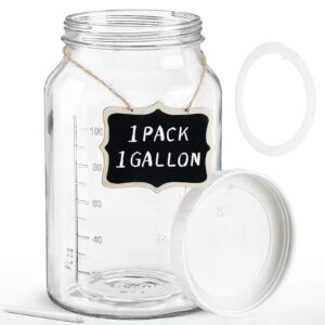 qianfenie 1 pack wide mouth 1 gallon clear glass jar w lid, heavy duty 100% airtight screw lid w silicone gasket - mason jar w 2 scale mark for fermenting kombucha and storing food.