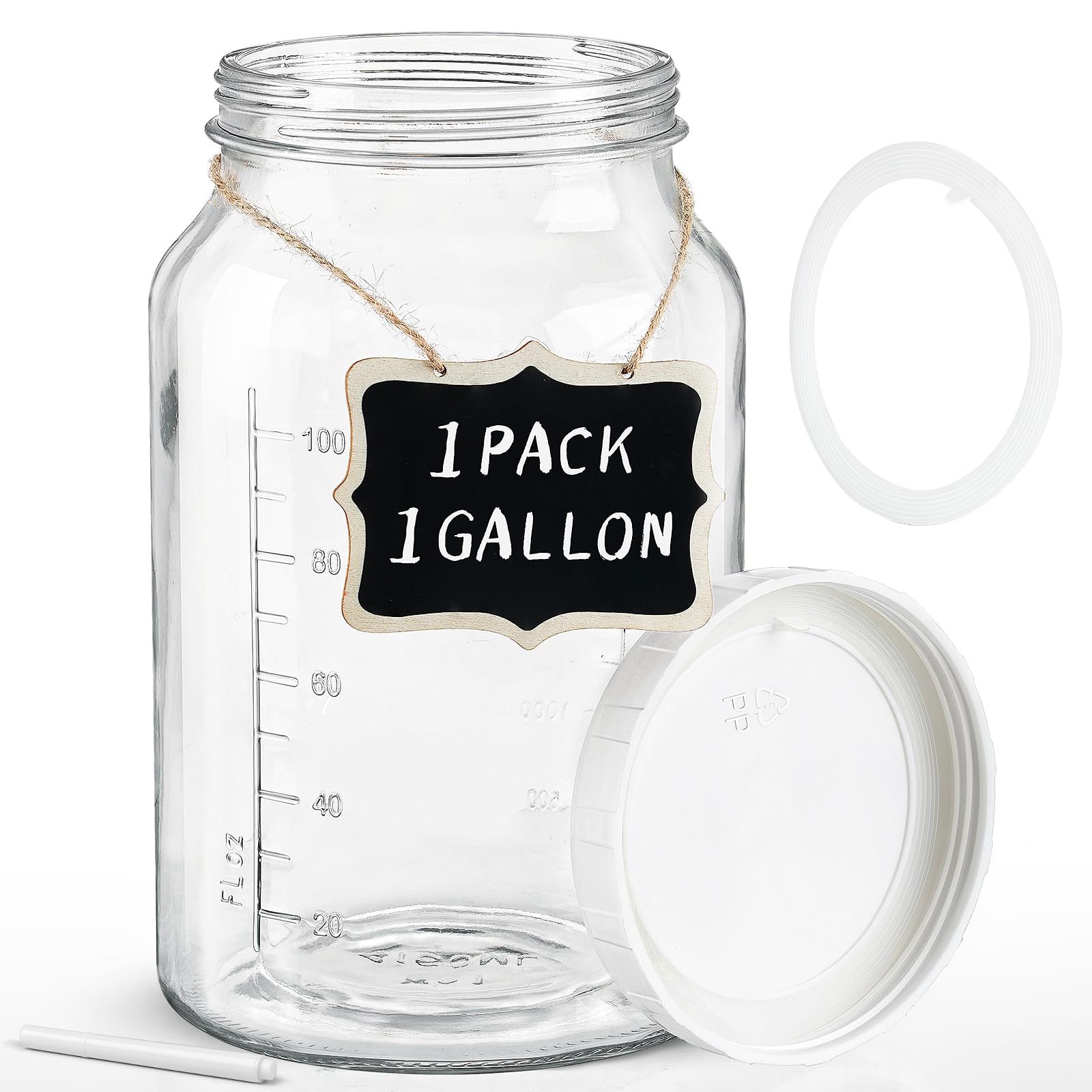 Qianfenie 1 Pack Wide Mouth 1 Gallon Clear Glass Jar w Lid, Heavy Duty 100% Airtight Screw Lid w Silicone Gasket - Mason Jar w 2 Scale Mark for Fermenting Kombucha and Storing Food.