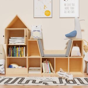 Cozy Castle 56.9" Wooden Kids Bookshelf with Reading Nook, Kids Bookcase with Detachable Cushions,Toy Storage Organizer with 9 Cubes and 2 Doors for Bedroom, Playroom, Oak