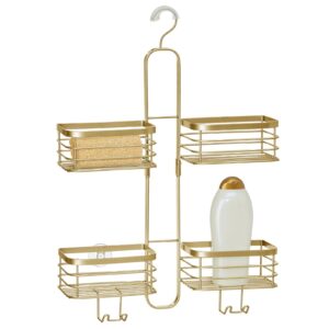 mdesign metal steel hanging shower caddy, 4 basket organizer rack for bathroom; hold handheld shower head, hose, shampoo, conditioner, shaving cream, soap, loofah - carson collection - soft brass