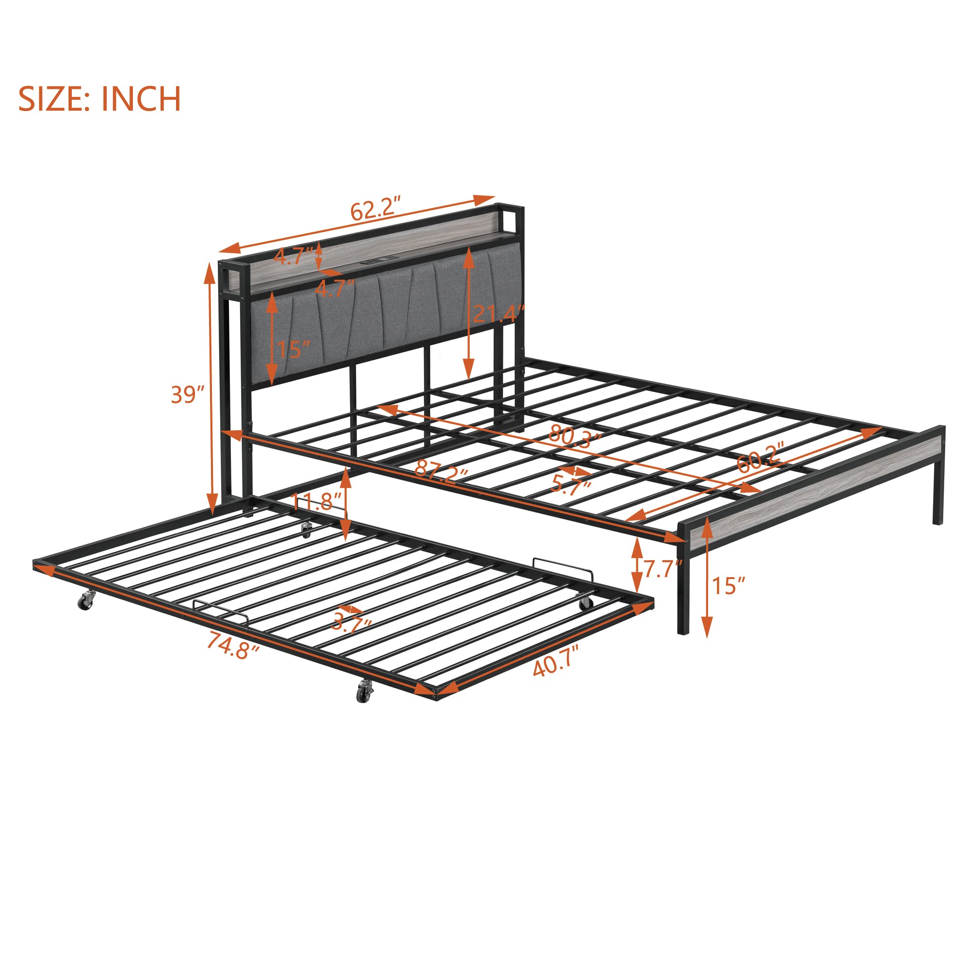 Queen Bed Frame with Trundle and Outlet & USB Ports Metal Platform Bed with Upholstered headboard, Queen Size Metal Panel Bed with Shelf, Noise-Free, No Box Spring Needed, Black with Gray