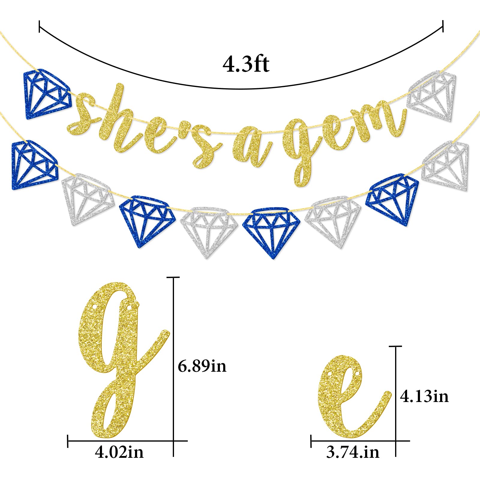 She's a Gem Banner - Diamond Themed Bridal Shower, Bachelorette Party Decorations, 4.3ft Wide, Handmade, Pre-Strung - Gemstone Party Decor in Gold, Silver, and Blue