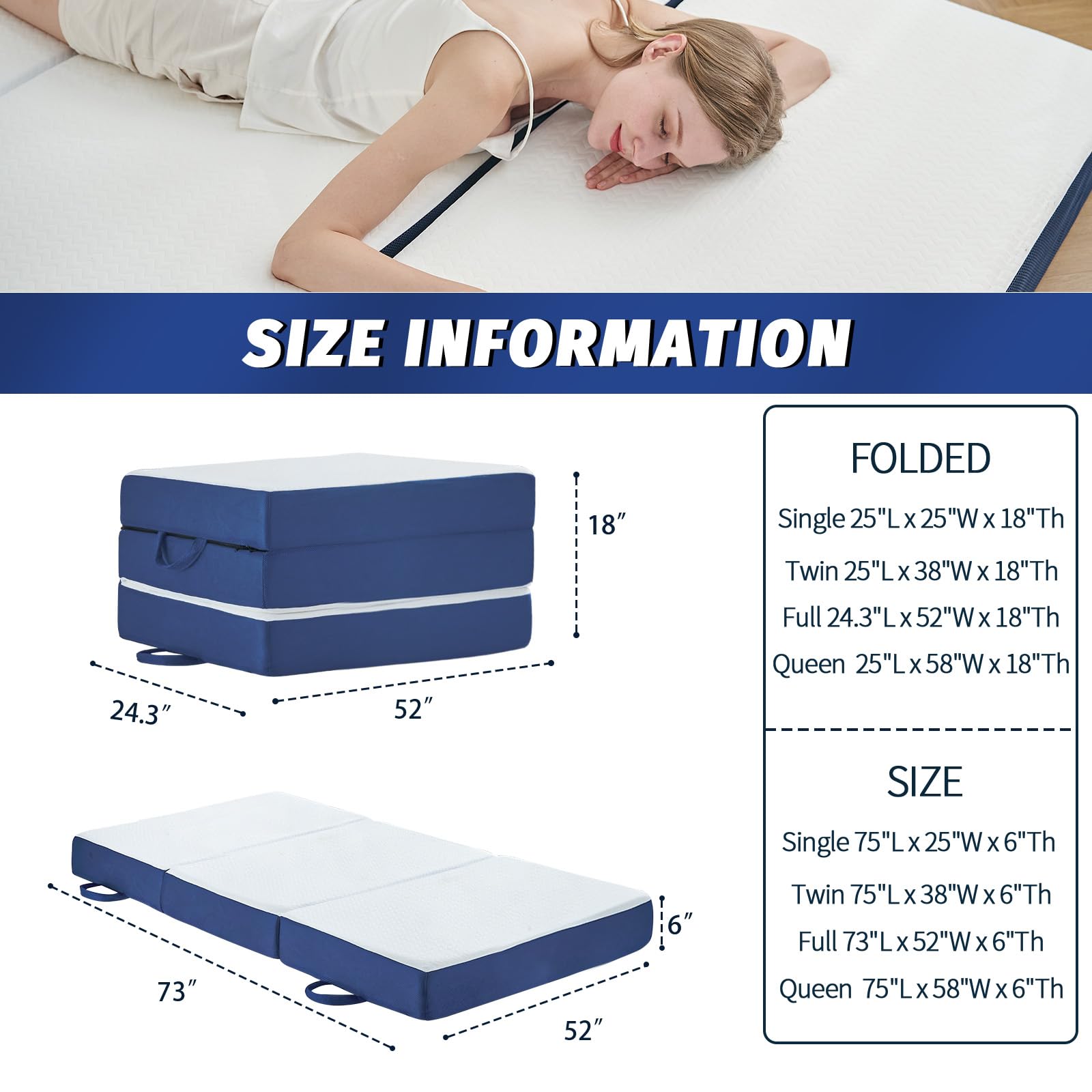 Folding Mattress Full Size,6 inch Memory Foam Tri Fold Mattress,Portable Folding Mattress with Washable Cover, Foldable Mattress Topper Full for Camping,Guest (52"×73"×6")