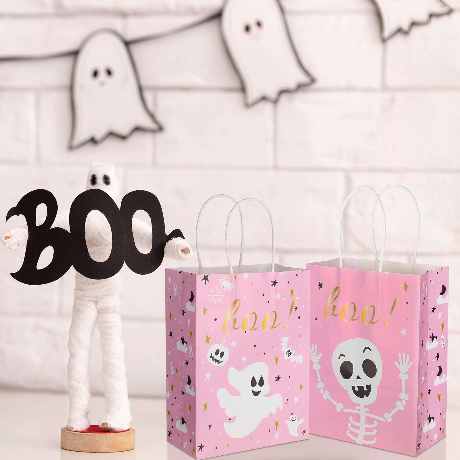 Ctosree 24 Pcs Halloween Treat Bags Pink Halloween Party Favor Bags Paper Happy Boo Day Pink Halloween Boo Favor Bags Treat Bag for Halloween Scary Theme Birthday Party