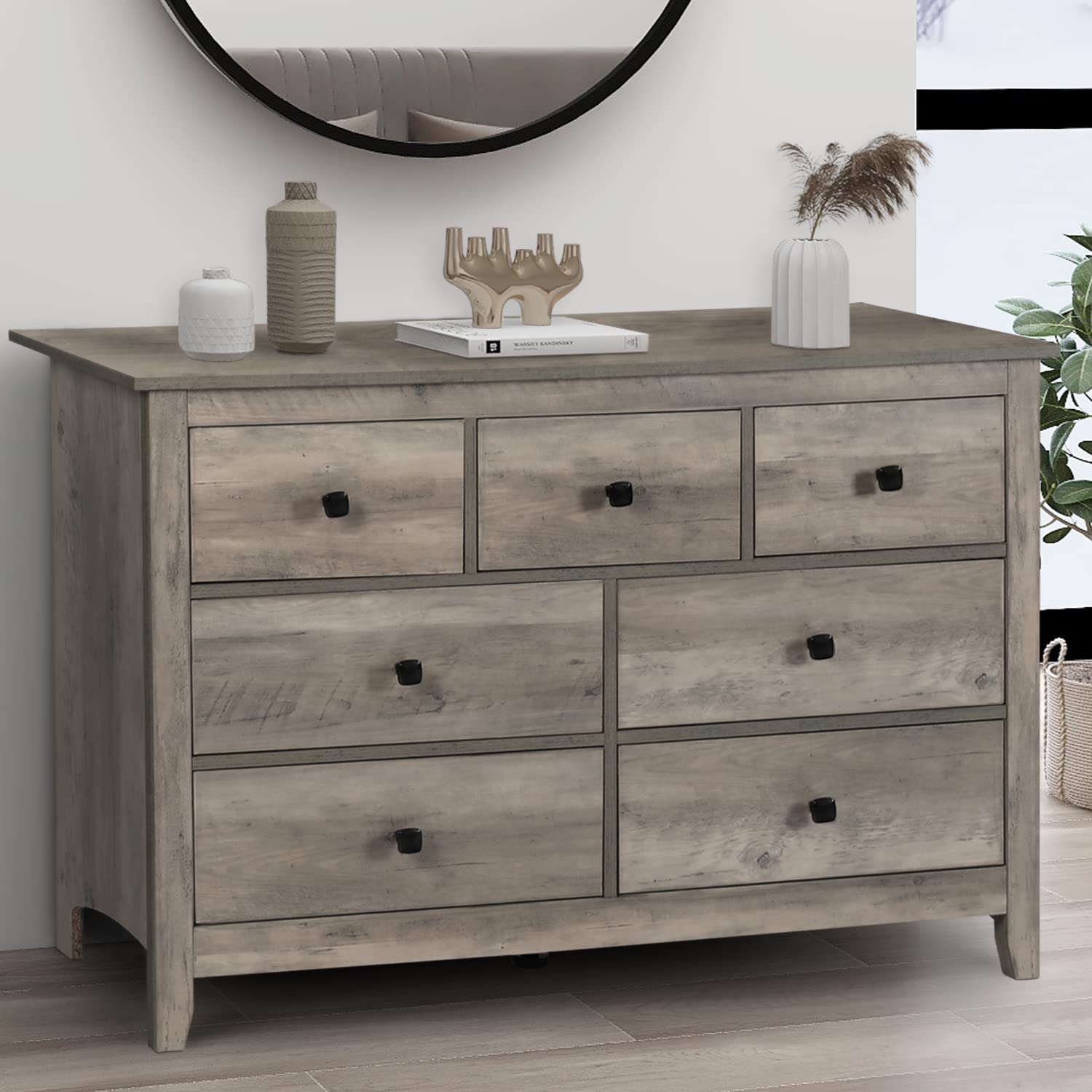 Vikiullf Dresser and Nightstand Set - 3 Pieces Bedroom Set with 7 Drawer Dresser and 1 Drawer Nightstands, Wood Double Dresser, Grey Wood Grain