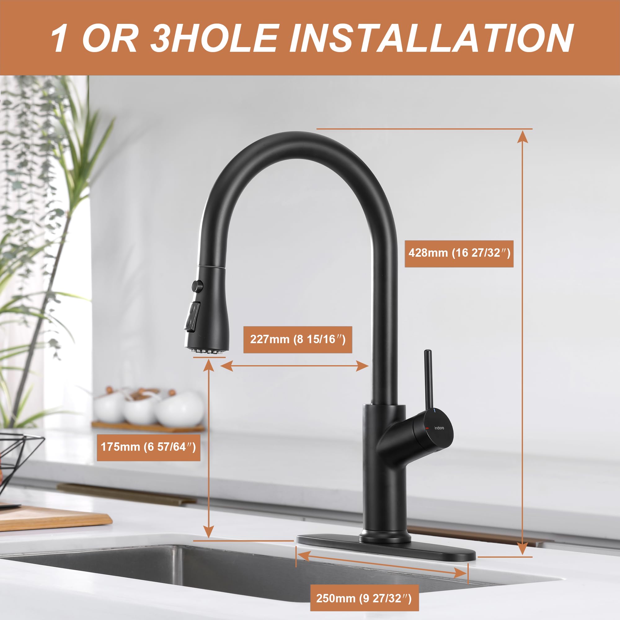 Indare Kitchen Faucets， Kitchen Faucet with Pull-Down Sprayer， Matte Black Kitchen Faucet with Deck Plate， Kitchen Faucet with Sprayer