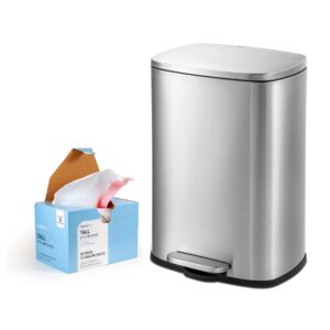 qualiazero 50l/13gal stainless steel commercial/kitchen step trash can & 13 gal trash bag set, soft close lid, rectangle shape (50l rect & bag)