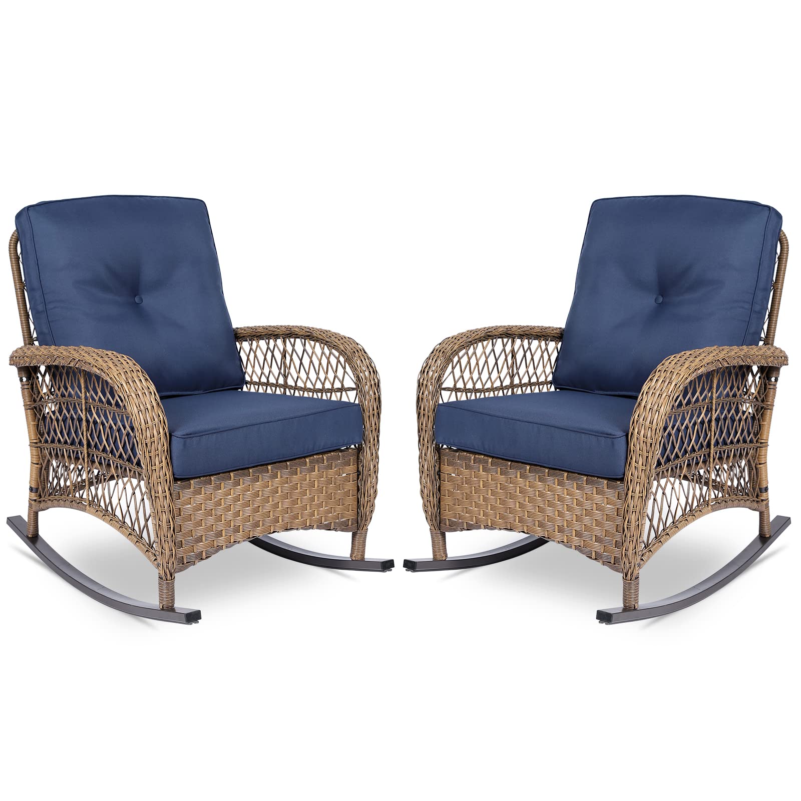 VIVIJASON 2 Piece Patio Wicker Rattan Rocker Chair, Outdoor Rattan Rocker Chair with Cushions & Steel Frame, All-Weather Rocking Lawn Wicker Furniture for Garden Backyard Porch (Navy Blue)