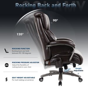 Big and Tall Office Chair 500lbs-Heavy Duty Ergonomic Computer Chair with Extra Wide Seat, High Back Executive Large Desk Chair with Thick Bonded Leather and Tilt Rock, Adjustable Lumbar Support-Brown