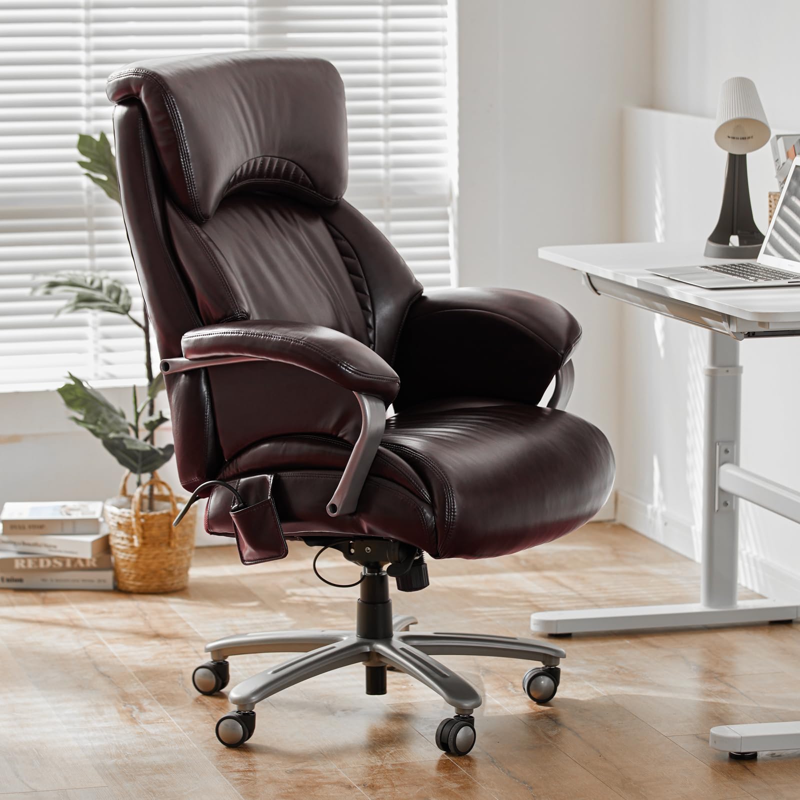 Big and Tall Office Chair 500lbs-Heavy Duty Ergonomic Computer Chair with Extra Wide Seat, High Back Executive Large Desk Chair with Thick Bonded Leather and Tilt Rock, Adjustable Lumbar Support-Brown