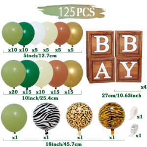 Baby Boxes Safari Baby Shower Decorations for Boy Girl, Safari Balloons Arch Kit with Wood Grain Brown Blocks with BABY Letter for Dinosaur Wild One Birthday Decorations for Boys