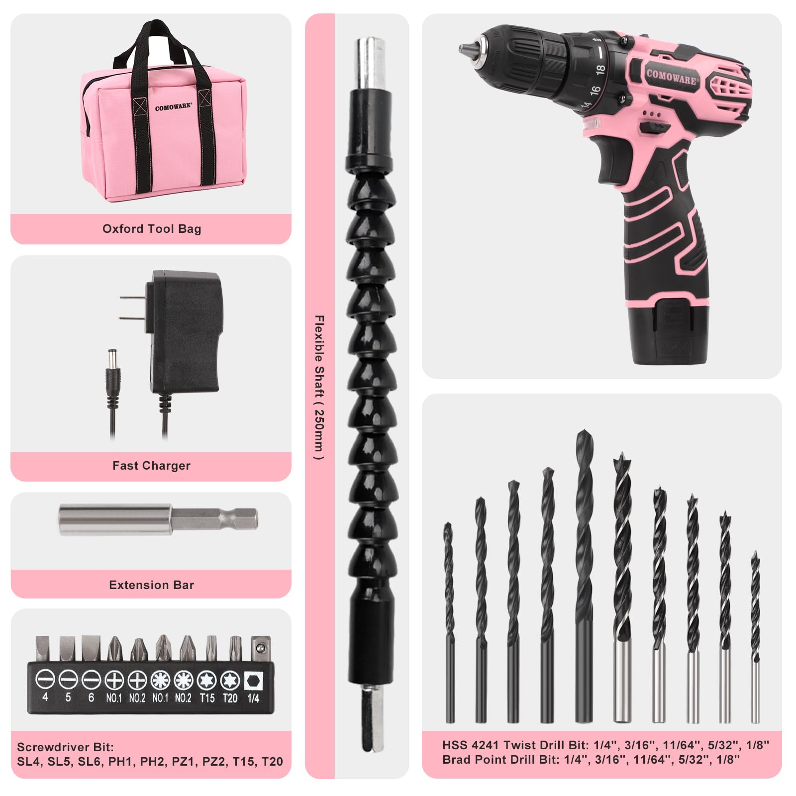 COMOWARE Pink Cordless Drill Set, 12V Power Drill Set Electric Screwdriver Driver Tool Kit for Women, 3/8" Keyless Chuck 1 Battery & Charger with Storage bag