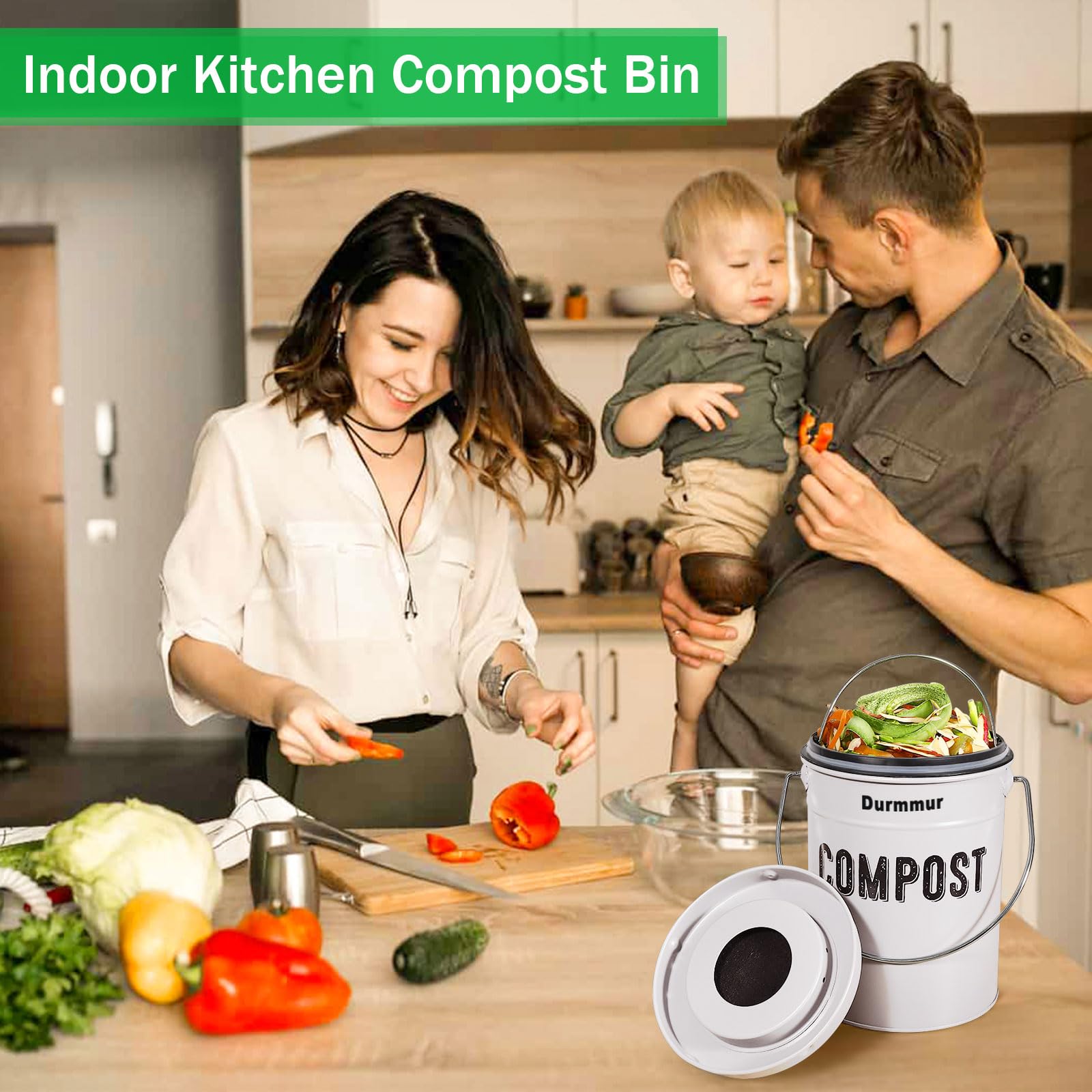 Durmmur Compost Bin Kitchen Counter, Indoor Compost Bin, Includes Inner Bucket with Sealed Ring Compost Pail, Countertop Compost Bin with Lid, Compost Bucket Compost Container, 1.0 Gallon