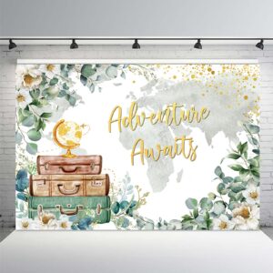 MEHOFOND 7x5ft Adventure Awaits Baby Shower Party Decorations Backdrop Eucalyptus White Floral Suitcases Travel Around The World Map Bridal Wedding Shower Photography Background Photo Banner