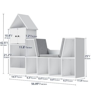 Cozy Castle 56.9" Wooden Kids Bookshelf with Reading Nook, Kids Bookcase with Detachable Cushions,Toy Storage Organizer with 9 Cubes and 2 Doors for Bedroom, Playroom, White