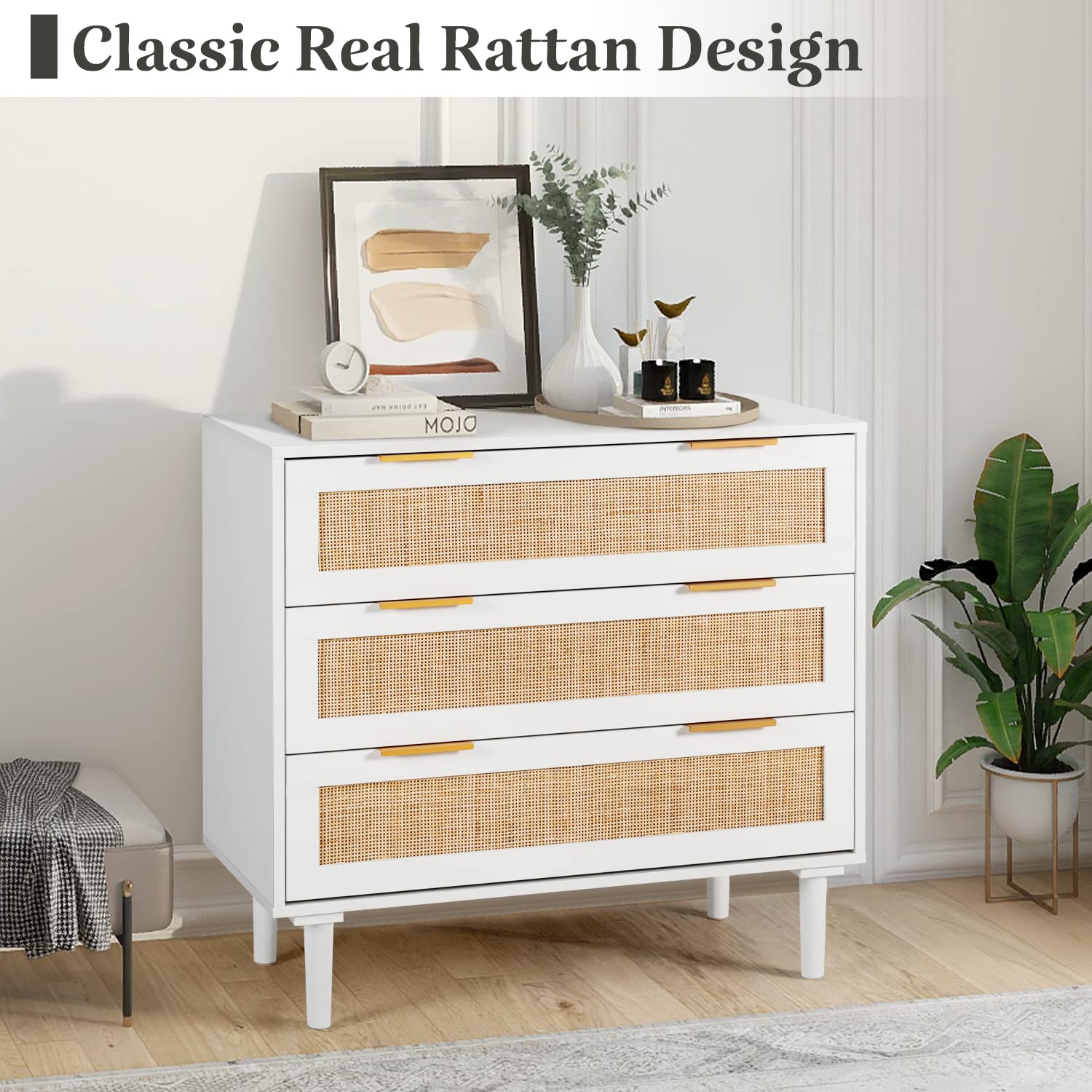 HOPUBUY 3 Drawer Dresser for Bedroom, Rattan Dresser Modern Closet Dressers Chest of Drawers, Wood White 3 Drawer Storage Chest for Kids Bedroom, Hallway, Living Room