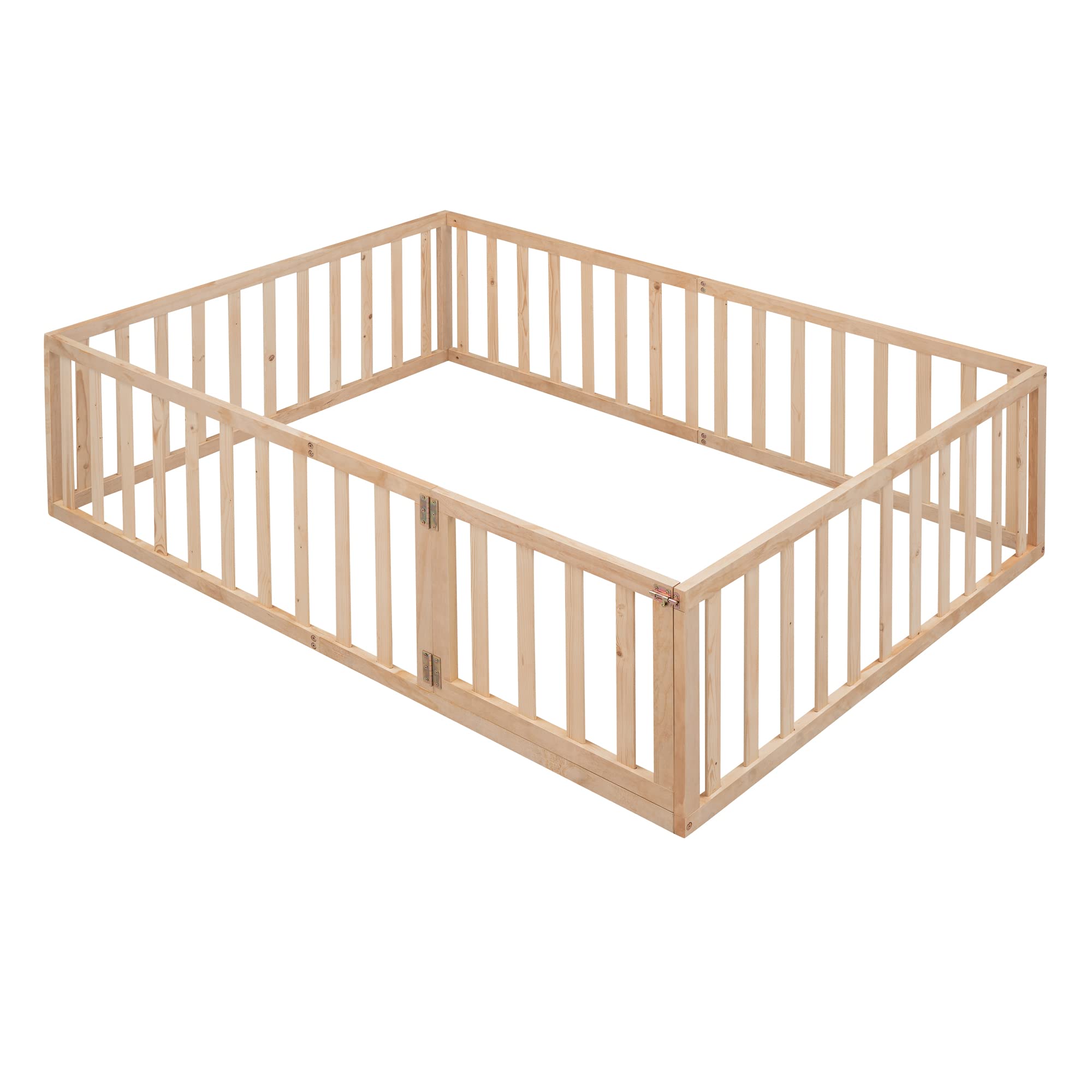 Harper & Bright Designs Floor Bed with Rails, Full Size Wood Floor Bed Frame with Fence and Door, for Kids Girls Boys (Natural)