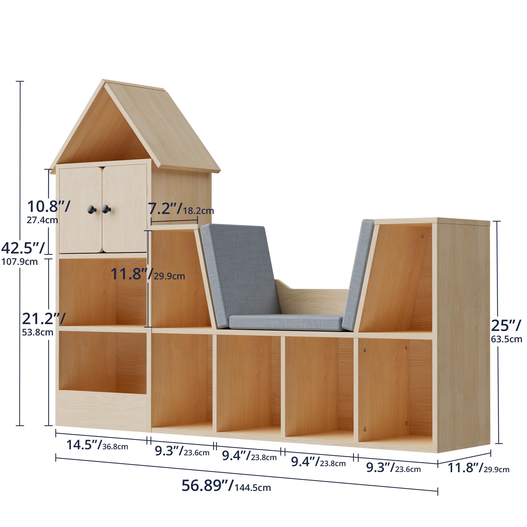 Cozy Castle 56.9" Wooden Kids Bookshelf with Reading Nook, Kids Bookcase with Detachable Cushions,Toy Storage Organizer with 9 Cubes and 2 Doors for Bedroom, Playroom, Oak