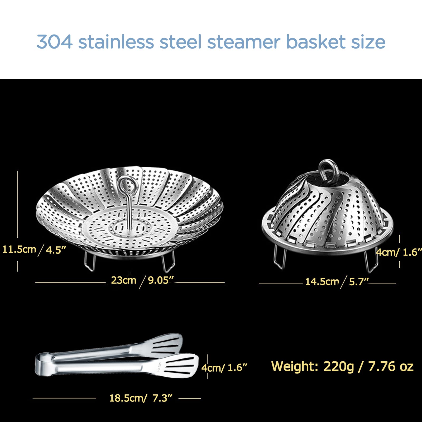 Yubng Vegetable Steamer Basket, 304 Stainless Steel Steamer for Cooking, Expendable Food Steamer to Fit Various Size Pot (5.7" to 9" + 7.3" Kitchen Tong)