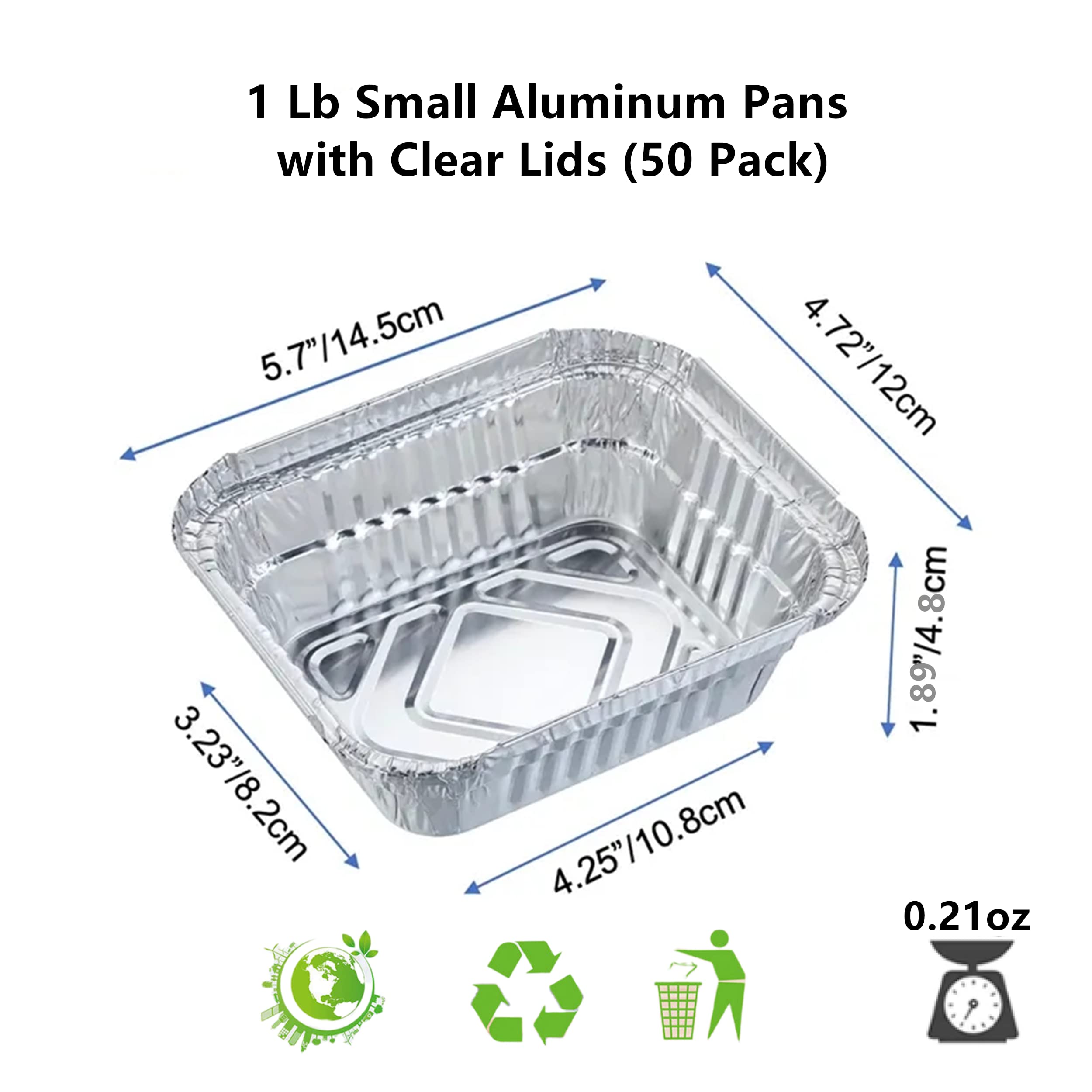 LUCKMETA 1 Lb Small Aluminum Foil Pans with Clear Lids (50 Pack), Disposable Cookware, Takeout Trays, Food Containers for Restaurants & Catering, Recyclable