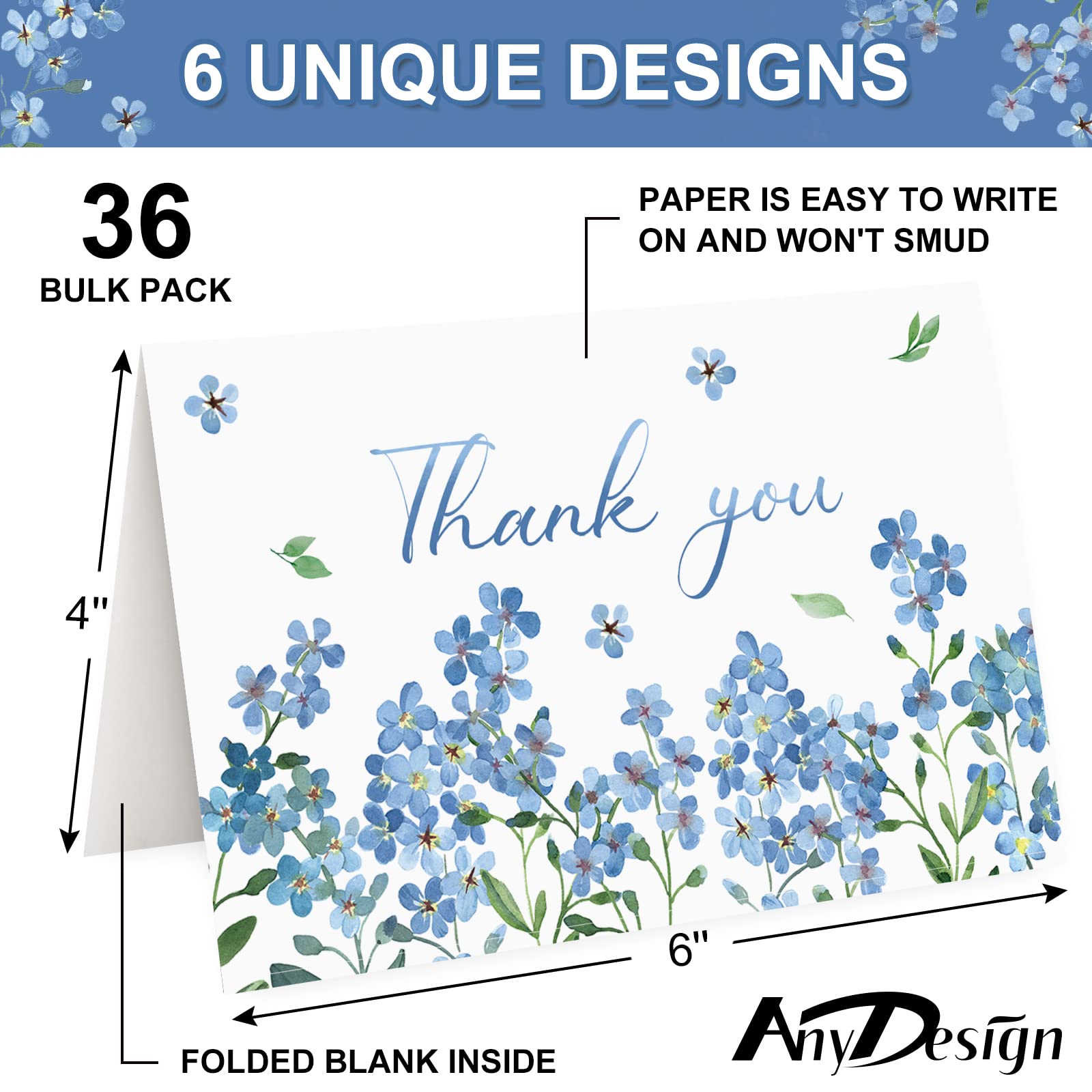 AnyDesign 36 Pack Blue Floral Thank You Cards Bulk Forget-Me-Not Myosotis Sylvatica Flower Greeting Cards with Envelope Sticker Thank You Note Cards for Wedding Birthday Baby Shower Bridal Party