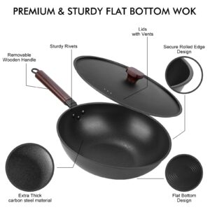 Carbon Steel Wok Pan - 12.9" Wok Pan with Lid, Woks & Stir-fry Pans Nonstick with Spatula & Brush, Chinese Wok Flat Bottom Wok for Induction, Electric, Gas, All Stoves