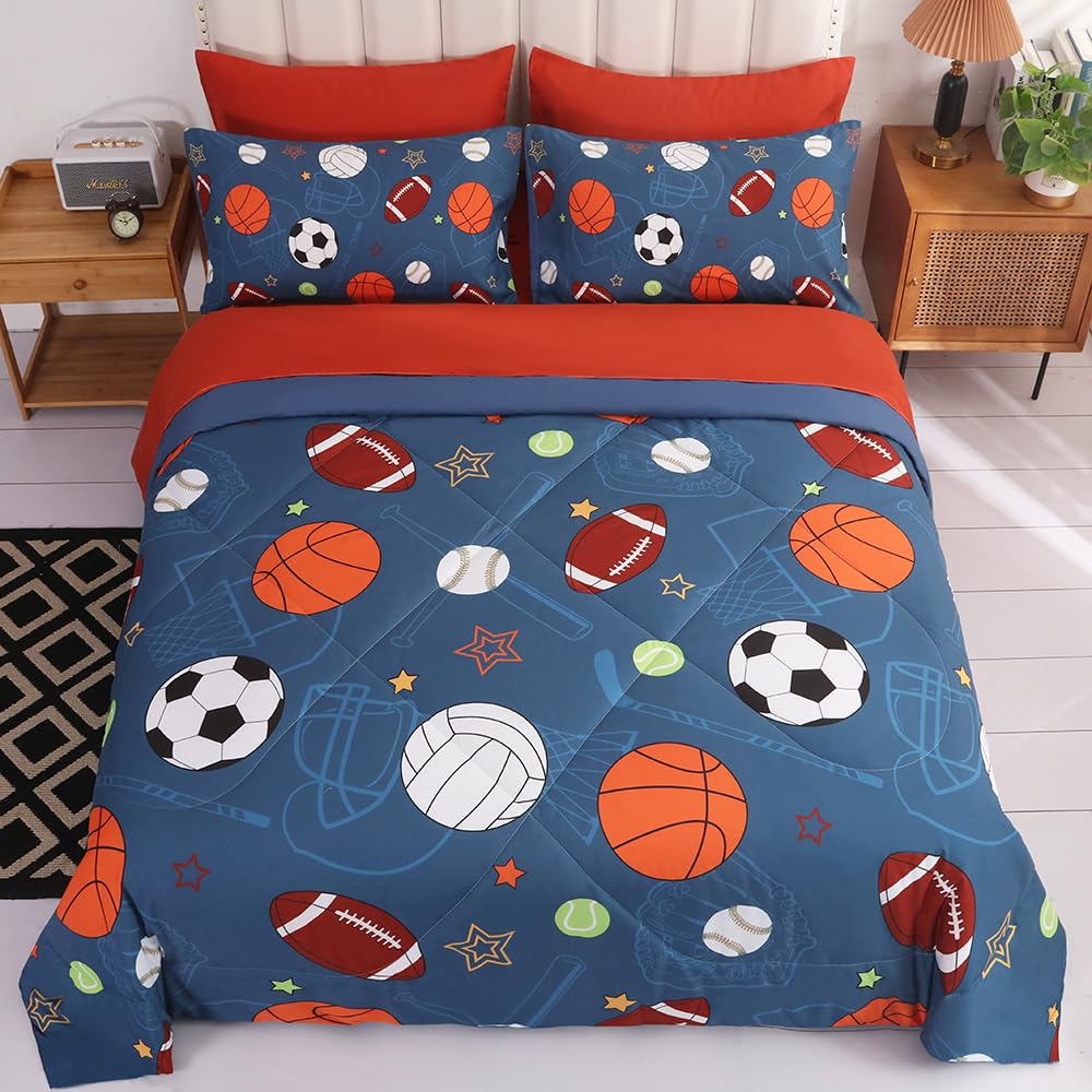 lwfushi Sports Comforter Set Blue Ball Bedding Set Full Size Baseball Basketball Soccer Tennis Bed Set for Teens Kids (1 Comforter,1 Flat Sheet,1 Fitted Sheet,2 Pillowcase and 2 Pillow Sham)