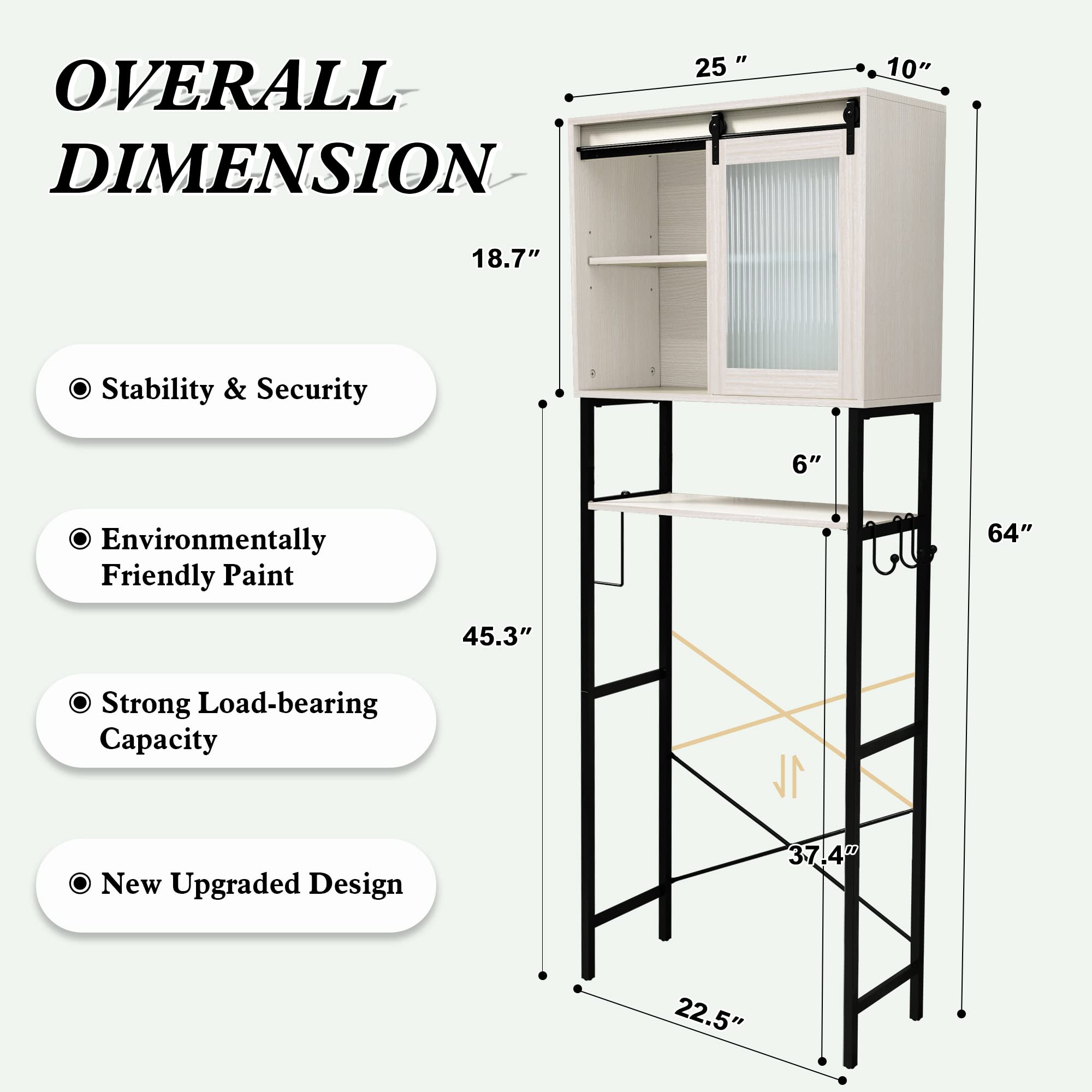 AZODY Over The Toilet Storage Cabinet with Sliding Door,Over Toilet Bathroom Storage Organizer with Adjustable Shelf,Toilet Paper Holder and 3 Hanging Hooks,Space Saver Storage Shelf,White