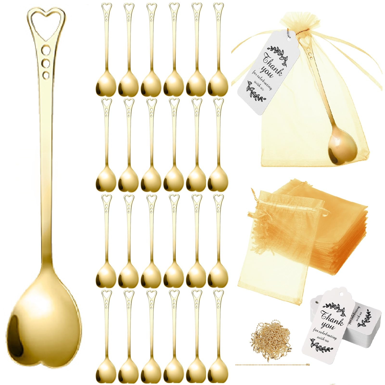 50 Sets Heart Shaped Tea Spoons Wedding Favor for Guests 5.63'' Heart Shaped Mini Spoons Creative Love Spoons with Sheer Bags Labels for Wedding Guest Souvenir Bridal Shower Tea Party Favors (Gold)