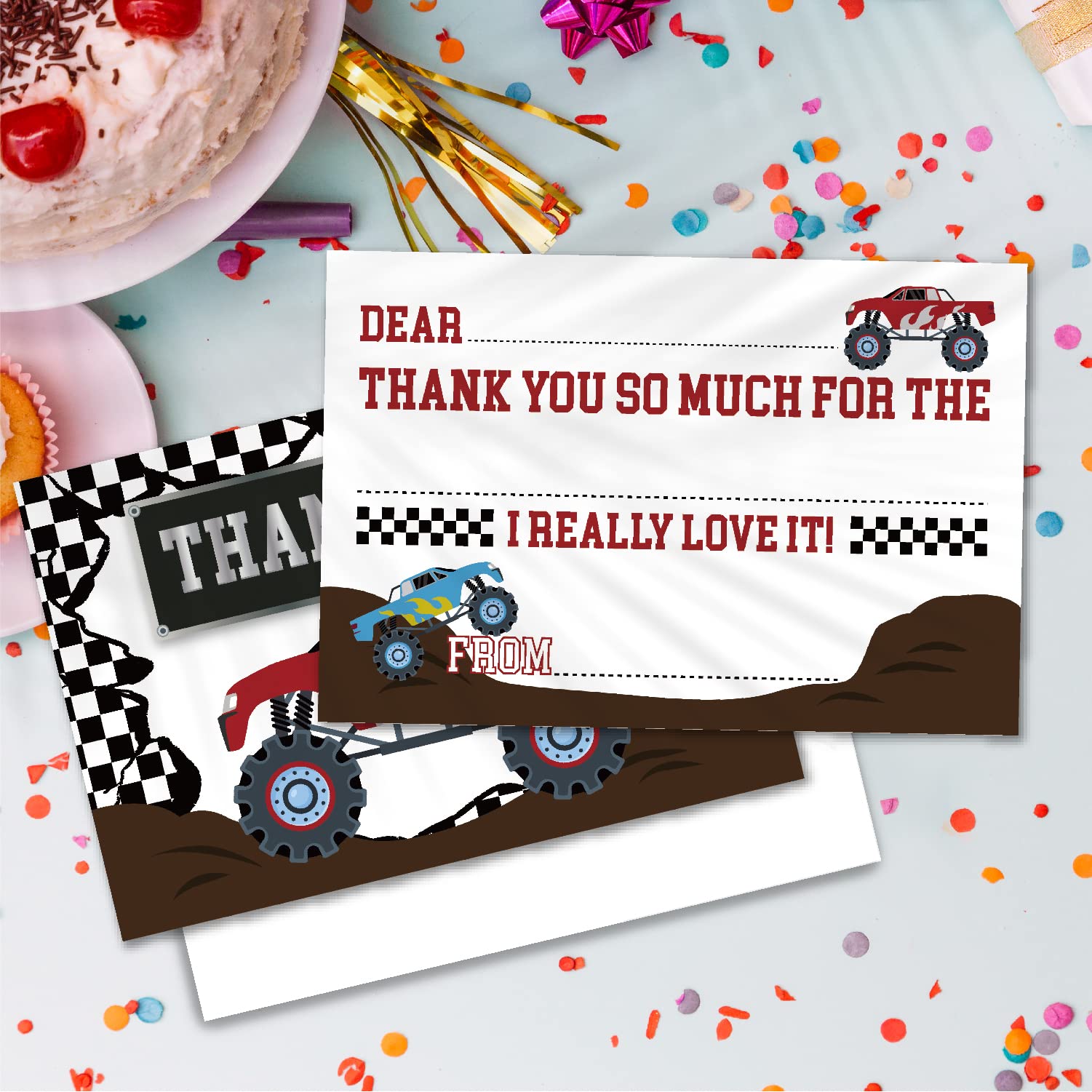 VNWEK Monster Truck Fill in Thank You Cards Fill in With Envelopes,Truck Birthday Party Double-sided Printed Thank You Card Cards for Boys Kids,Thank You Cards for Boys Birthday Party(20 Sets)