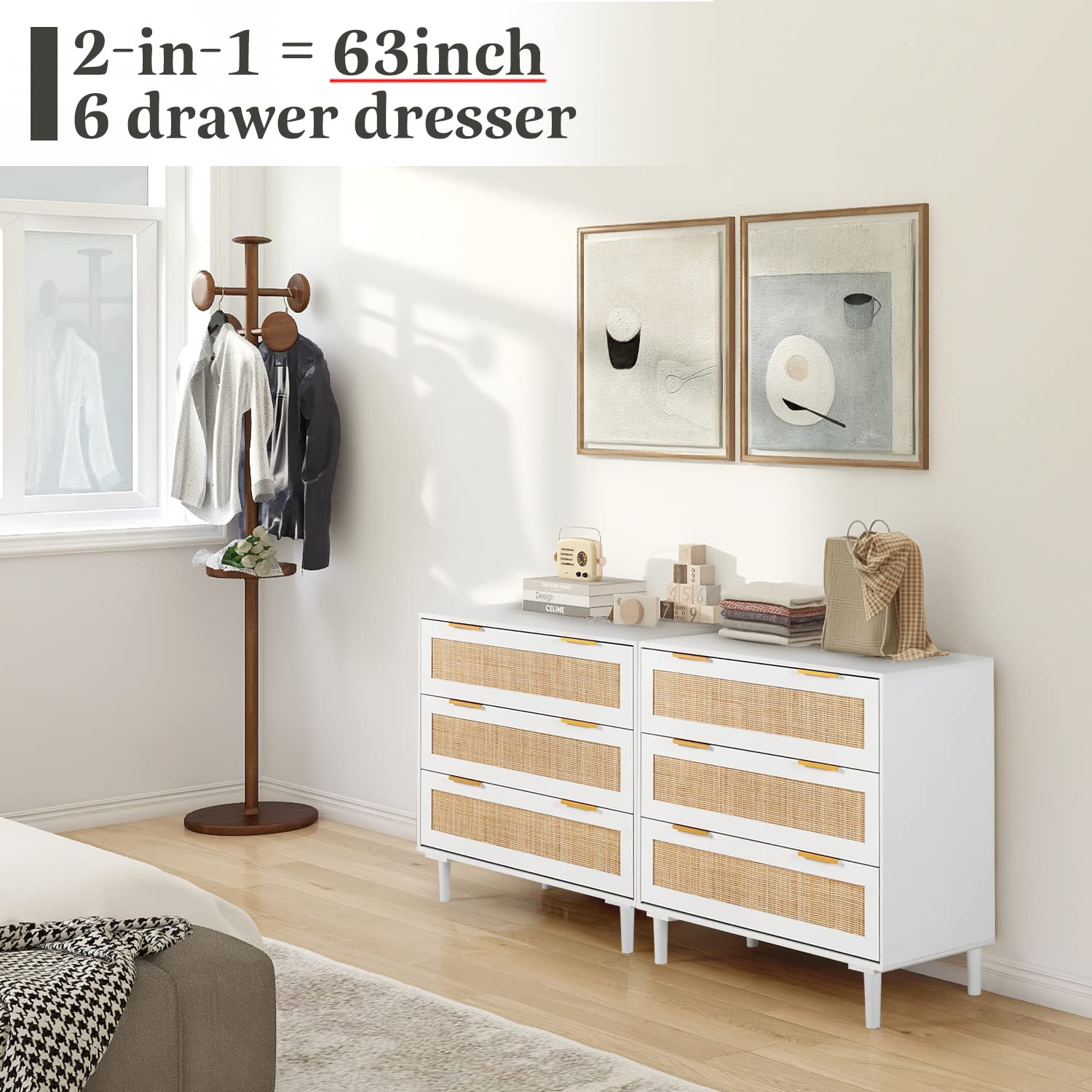 HOPUBUY 3 Drawer Dresser for Bedroom, Rattan Dresser Modern Closet Dressers Chest of Drawers, Wood White 3 Drawer Storage Chest for Kids Bedroom, Hallway, Living Room