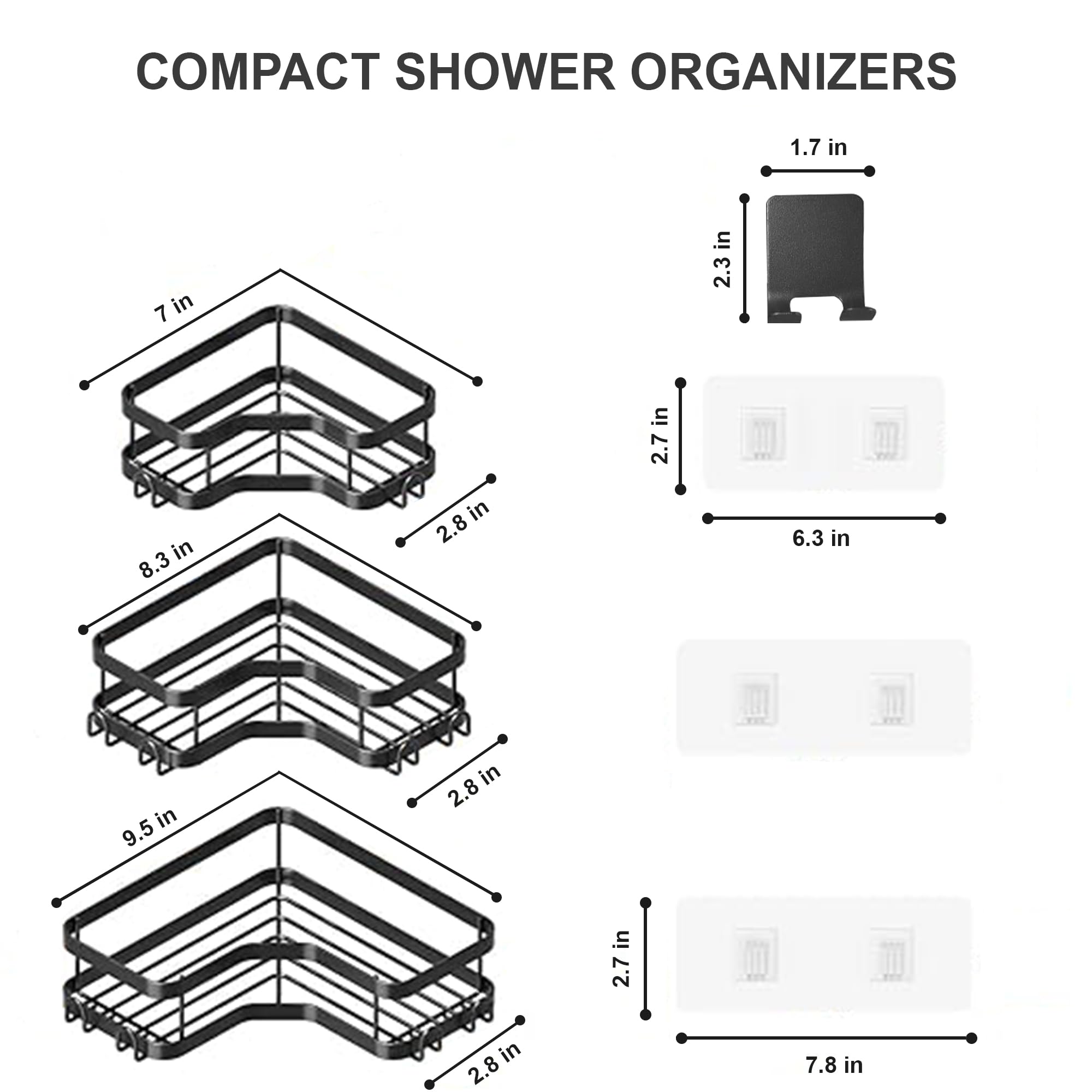 Corner Shower Caddy Organizer Set, Pack of 3 Adhesive Rustproof Stainless Steel Shower Racks with 2 Wall Hooks, Bathroom & Kitchen, Black