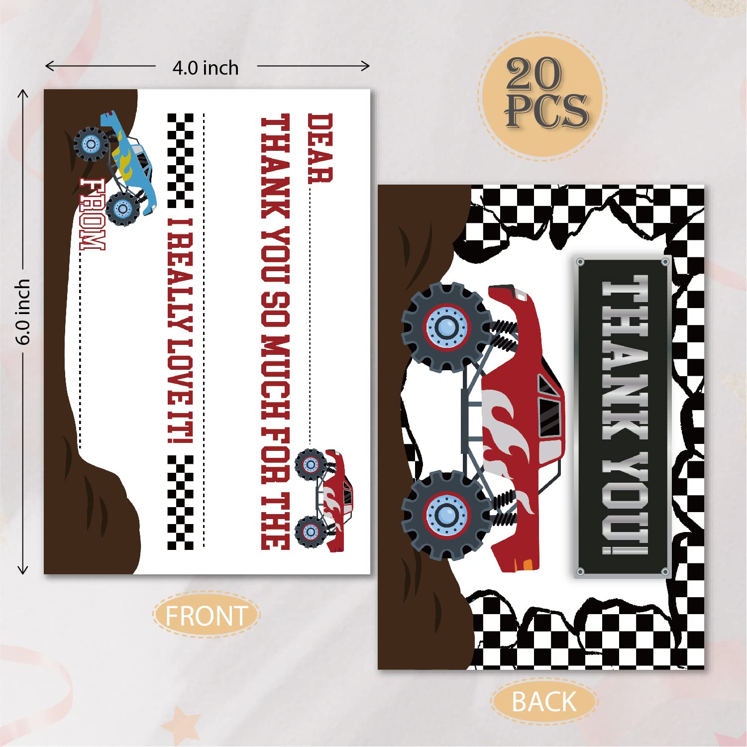 VNWEK Monster Truck Fill in Thank You Cards Fill in With Envelopes,Truck Birthday Party Double-sided Printed Thank You Card Cards for Boys Kids,Thank You Cards for Boys Birthday Party(20 Sets)