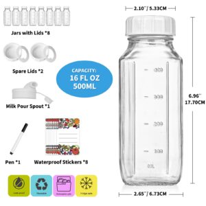 8 Pack 16 Oz Reusable Glass Milk Bottles w 100% Airtight Heavy Duty SCREW Lid w Silicone Gasket - Glass Juice Bottles w Capacity Mark - Glass Beverage Drinking Jar Juice Container(Extra 2 Lid)