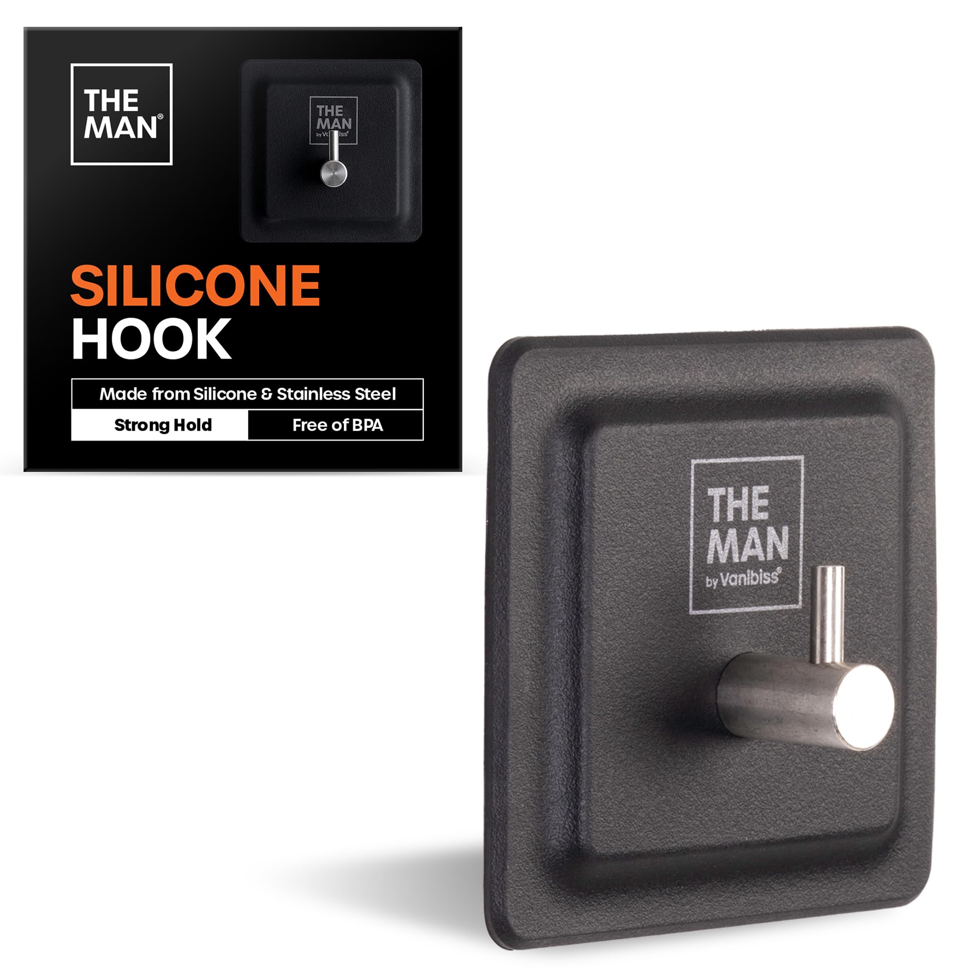 The Man Silicone Hook - Bathroom & Shower Storage Hook - Shower Toiletry, Bathroom Organizer Accessory - Heavy Duty Stainless Steel & Silicone - Strong Hold, Adheres to Most Surfaces (1 Pack)