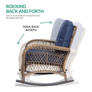 VIVIJASON 2 Piece Patio Wicker Rattan Rocker Chair, Outdoor Rattan Rocker Chair with Cushions & Steel Frame, All-Weather Rocking Lawn Wicker Furniture for Garden Backyard Porch (Navy Blue)