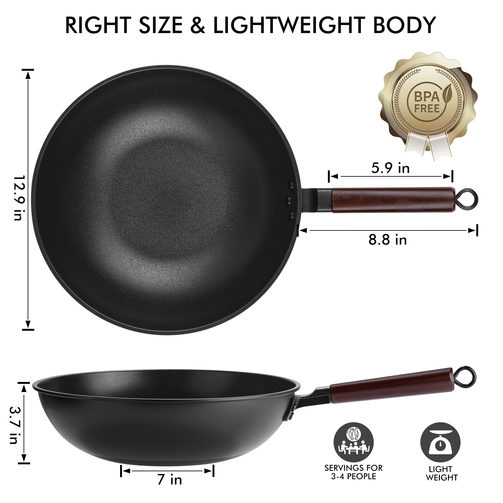 Carbon Steel Wok Pan - 12.9" Wok Pan with Lid, Woks & Stir-fry Pans Nonstick with Spatula & Brush, Chinese Wok Flat Bottom Wok for Induction, Electric, Gas, All Stoves